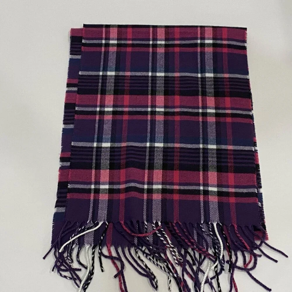 100% Cashmere Scarf Plaid Fringe Rectangular  Made In England Purple Pink